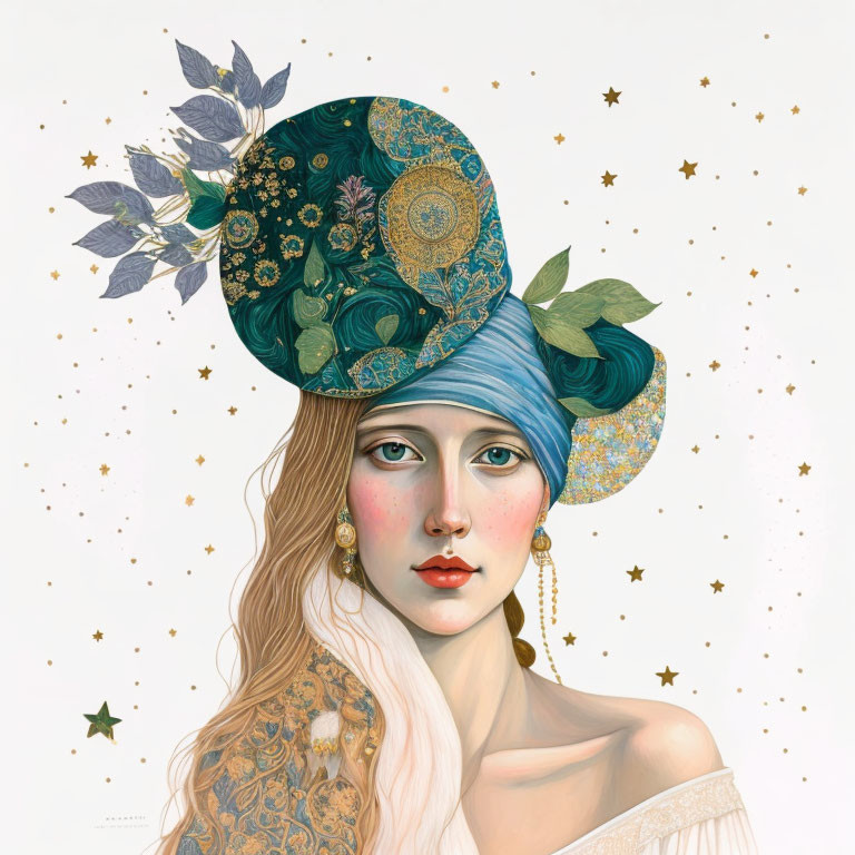 Detailed illustration of woman with ornate floral and celestial headwear and starry background.