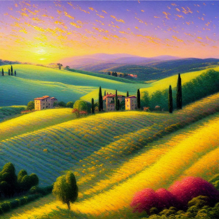 Colorful landscape painting: rolling hills, patterned fields, scattered trees, house, sunset sky,