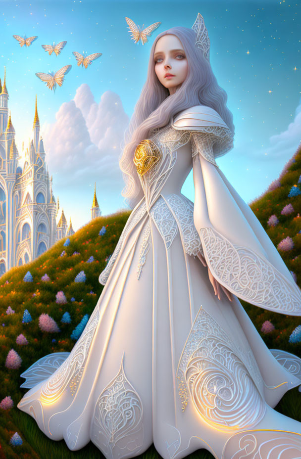 Fantasy maiden with silver hair and white gown in enchanted castle scene