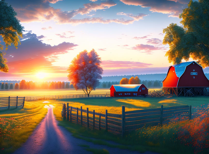 Scenic rural sunset with red barns, meadow, fence, and colorful sky