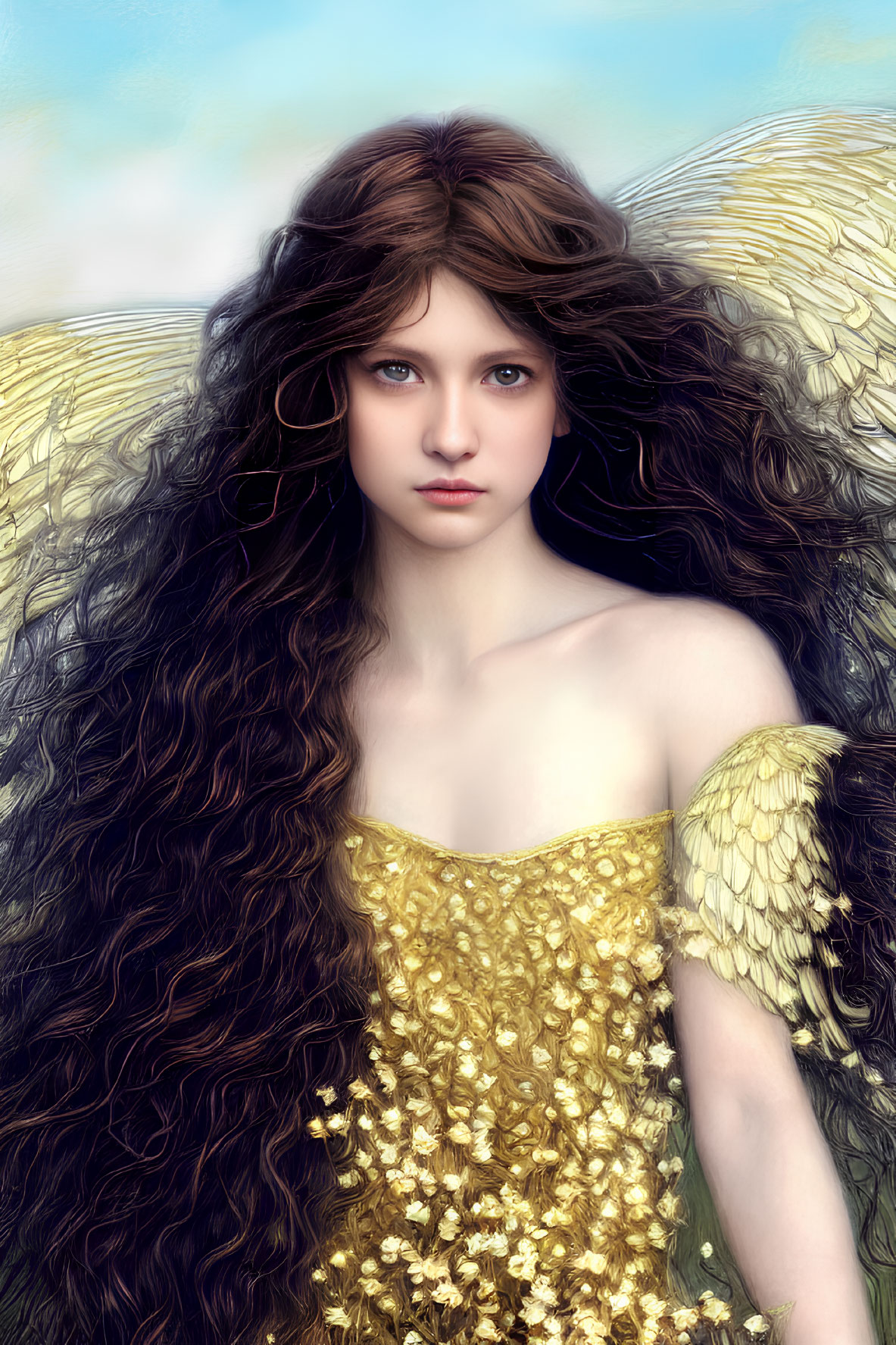 Digital artwork: Young woman with curly brown hair, blue eyes, golden dress, delicate wings