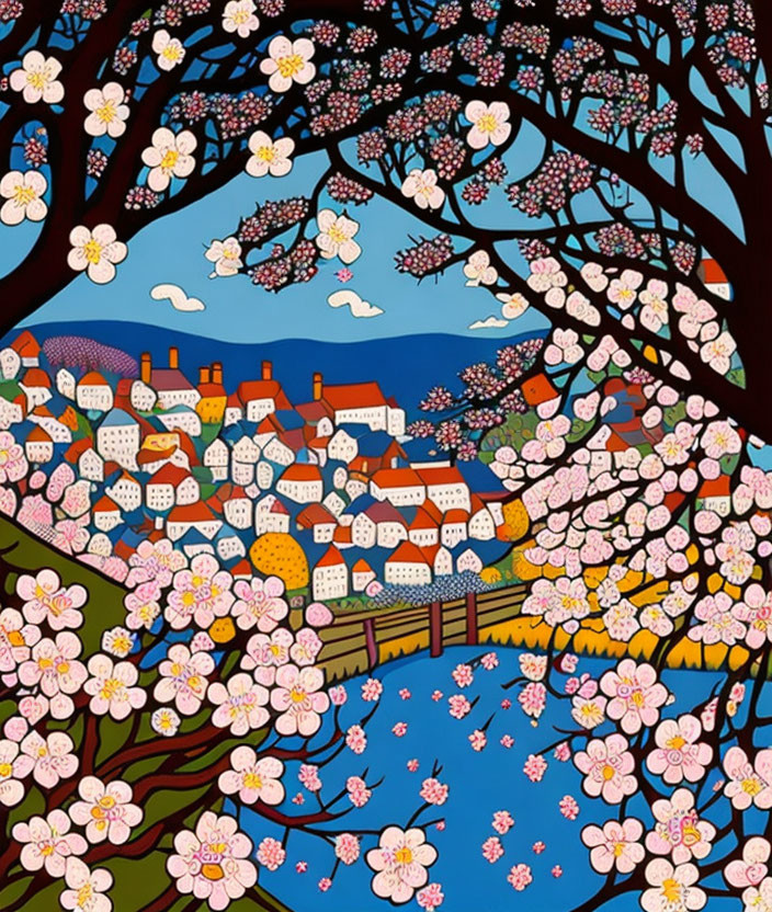 Colorful Town by Blue River Surrounded by Blossoming Trees and Flying Birds