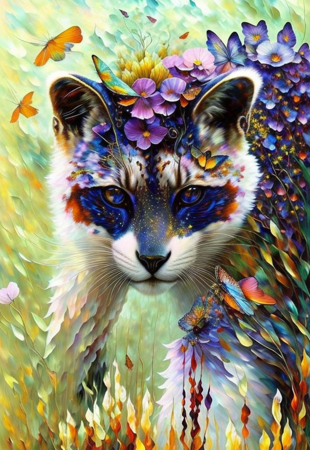 Colorful Cat Face Illustration with Flowers and Butterflies