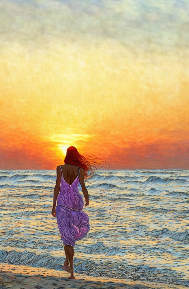 Woman in purple dress walks barefoot on beach at sunset with waves and wind.