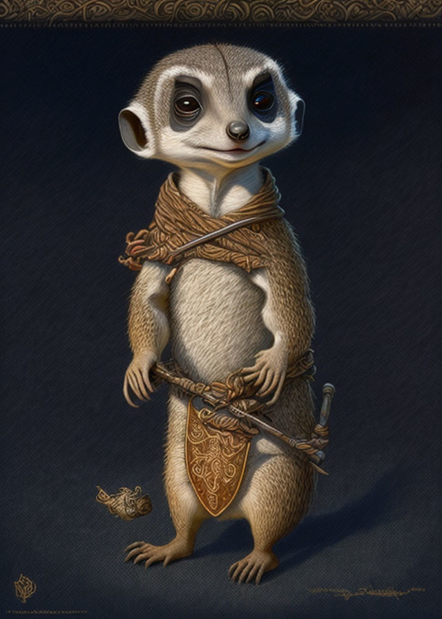 Anthropomorphic meerkat in medieval attire with sword on dark background