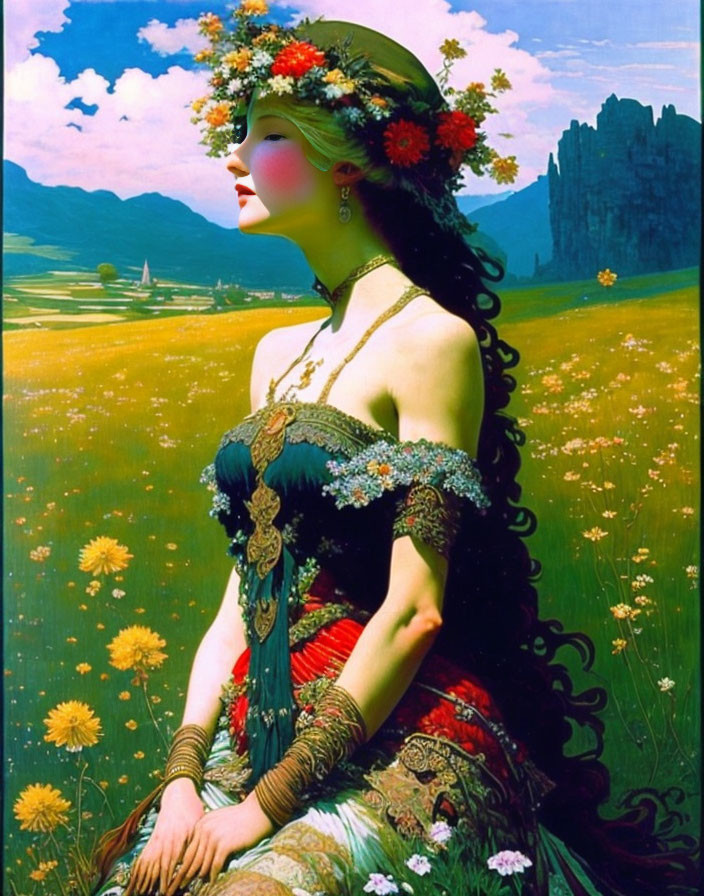 Woman with flowers in hair sitting in vibrant field with mountains