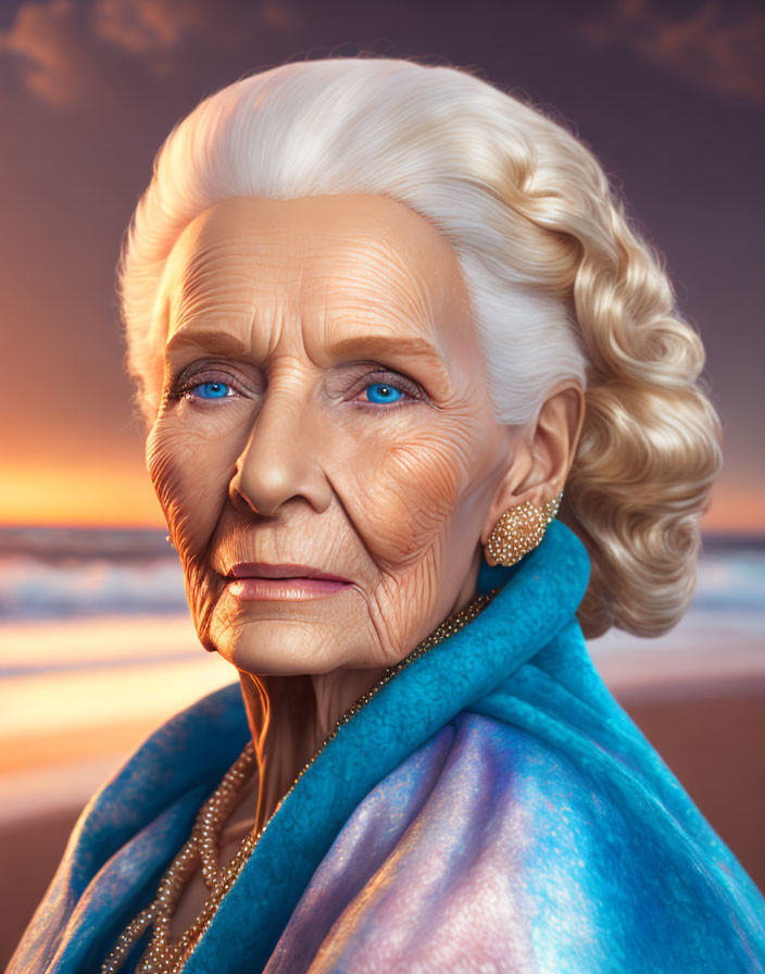 Elderly woman with white hair and blue eyes on beach at sunset