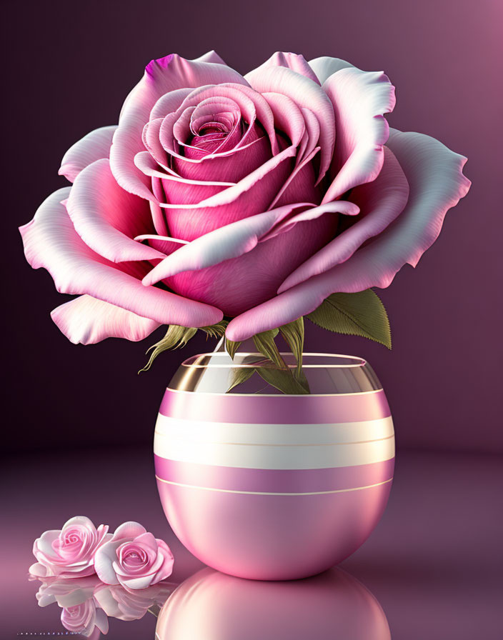 Digitally-rendered large pink and white rose in a striped vase on reflective purple surface