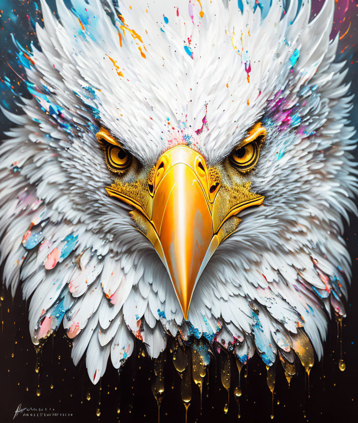 Vibrant eagle painting with golden beak and colorful splattered feathers