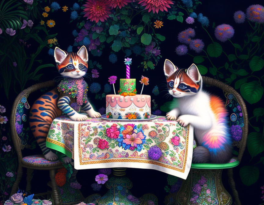 Colorful Patterned Kittens with Birthday Cake on Floral Table