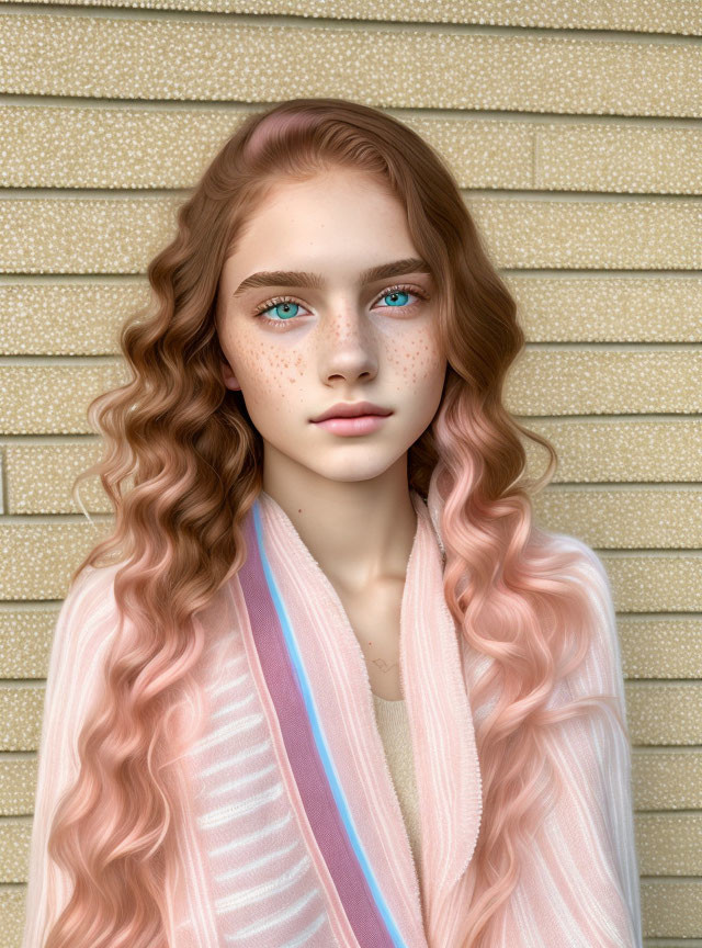 Digital artwork: Young woman with freckles, aqua-blue eyes, long wavy pinkish