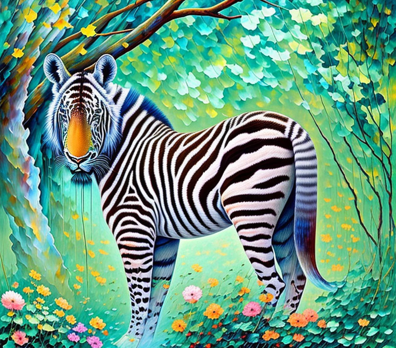 Vibrant surreal painting of zebra in whimsical forest setting