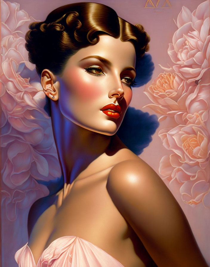 Vintage Glamor Woman with Styled Hair and Bold Makeup Among Soft Pink Flowers