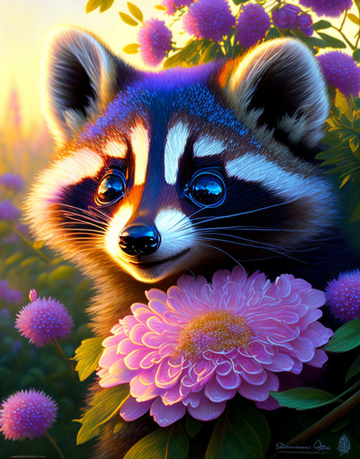 Vibrant raccoon surrounded by pink flowers and greenery