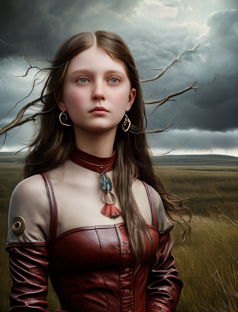 Woman with blue eyes in brown leather outfit against stormy sky