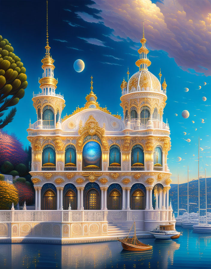 Golden palace by water with moons, trees, and boat under cloudy sky