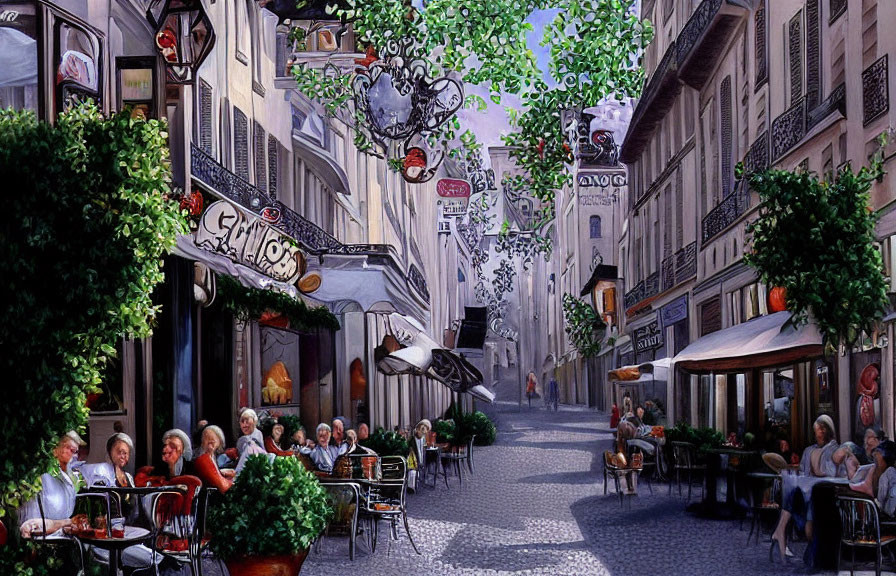 Charming European Street Scene with Cafes and Shops