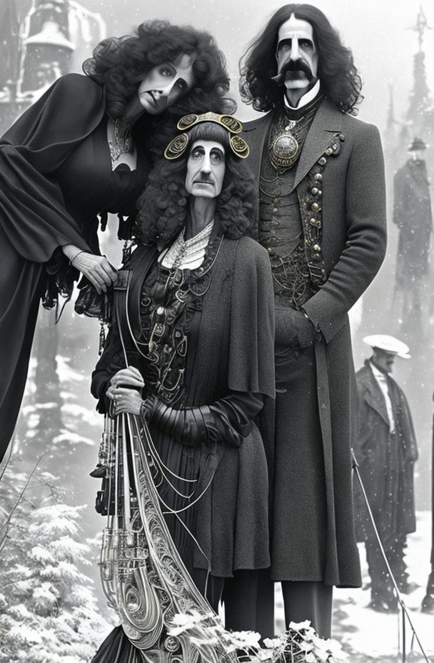 Three individuals in gothic costumes against snowy backdrop with grim expressions