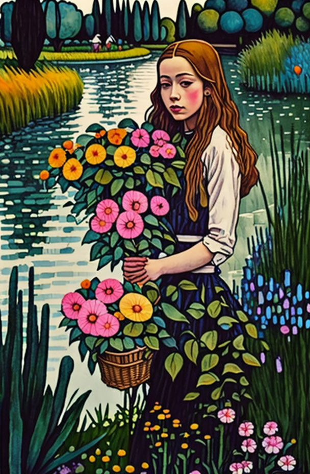 Woman Holding Colorful Flower Basket by River with Greenery