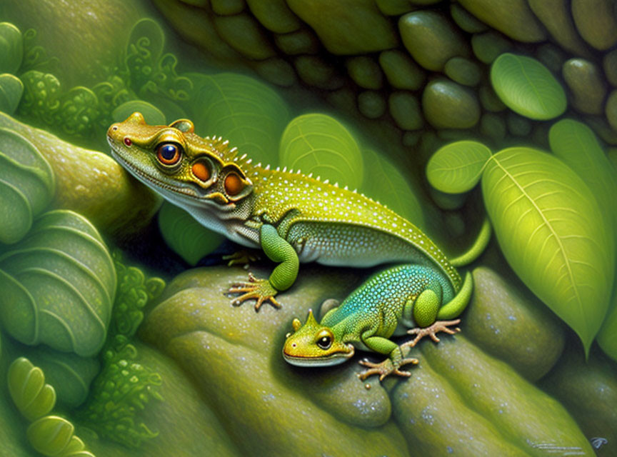 Vibrant green geckos on rocky surface with lush leaves