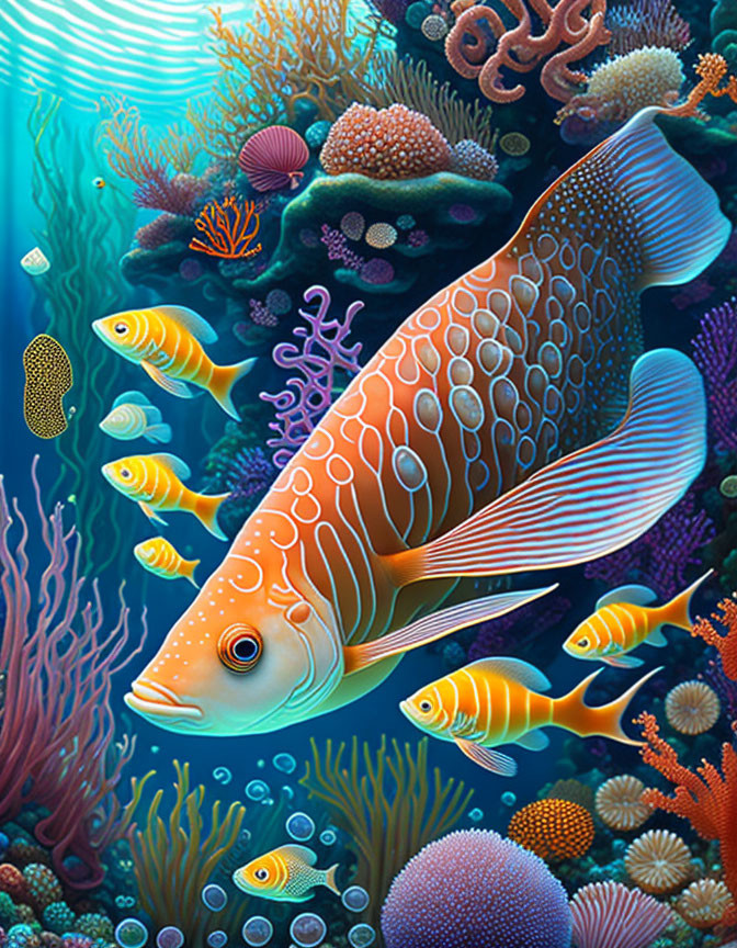 Colorful Coral Reefs with Large Patterned Fish