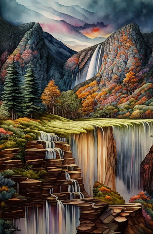 Colorful Autumn Waterfall Painting with Rocky Cliffs