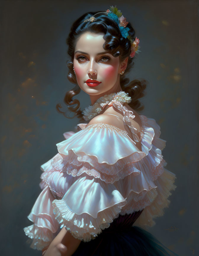 Vintage-inspired portrait of woman in ruffled off-shoulder dress