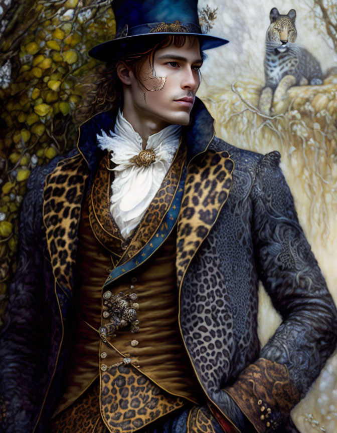 Stylized portrait of man in leopard-print jacket with leopard in background