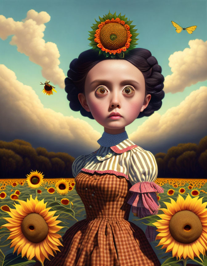 Surreal portrait of girl with large eyes and sunflower elements