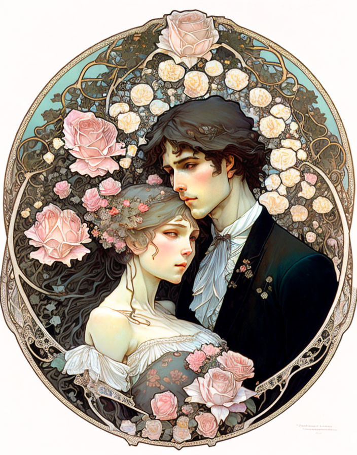 Romantic couple in Art Nouveau style surrounded by floral designs