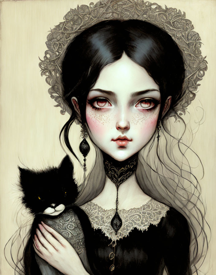 Pale-skinned girl with red eyes holding a black cat and wearing lace top, framed by halo head