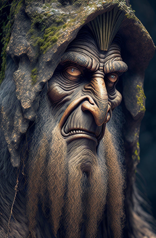 Detailed Fantasy Character with Ape-Like Face in Tree Bark Helmet