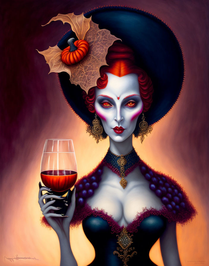 Illustrated vampire woman with red eyes and wine glass in blue hat on burgundy backdrop