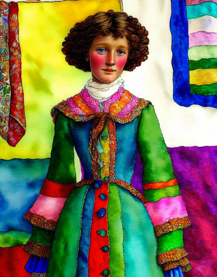 Colorful illustration of woman with curly hair in historical dress on vibrant, abstract background