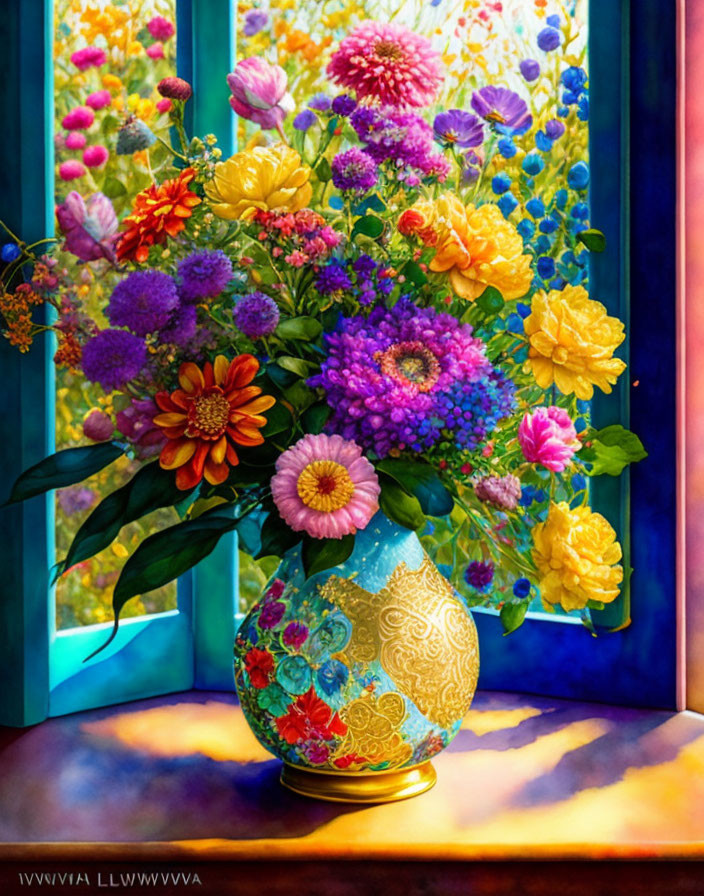 Colorful bouquet in decorative vase on windowsill with floral landscape.