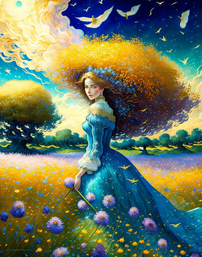 Surreal illustration: Woman in flowing dress among vibrant flowers, whimsical trees, and swirling sky