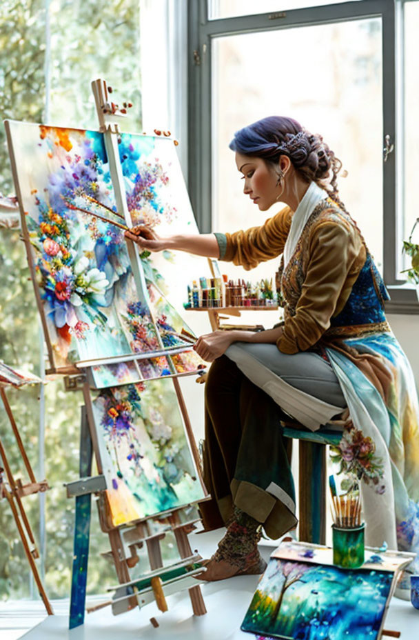 Bohemian woman painting colorful floral piece in bright room