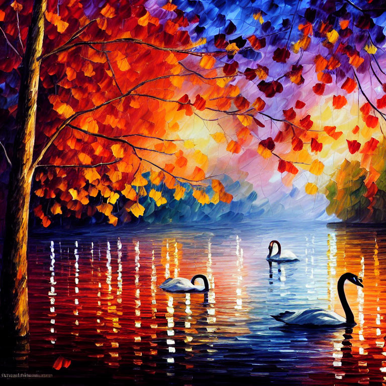 Serene sunset lake scene with three swans and autumn trees