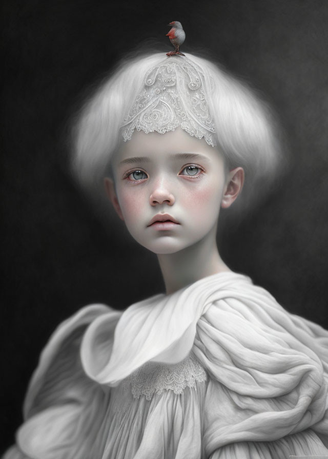 Child portrait with pale skin, white hair, lace headpiece, draped white garment, and red bird