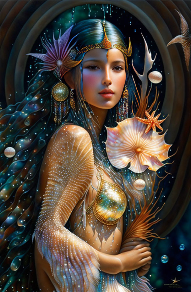 Ocean-themed woman portrait with seashells and starfish in mystical celestial backdrop