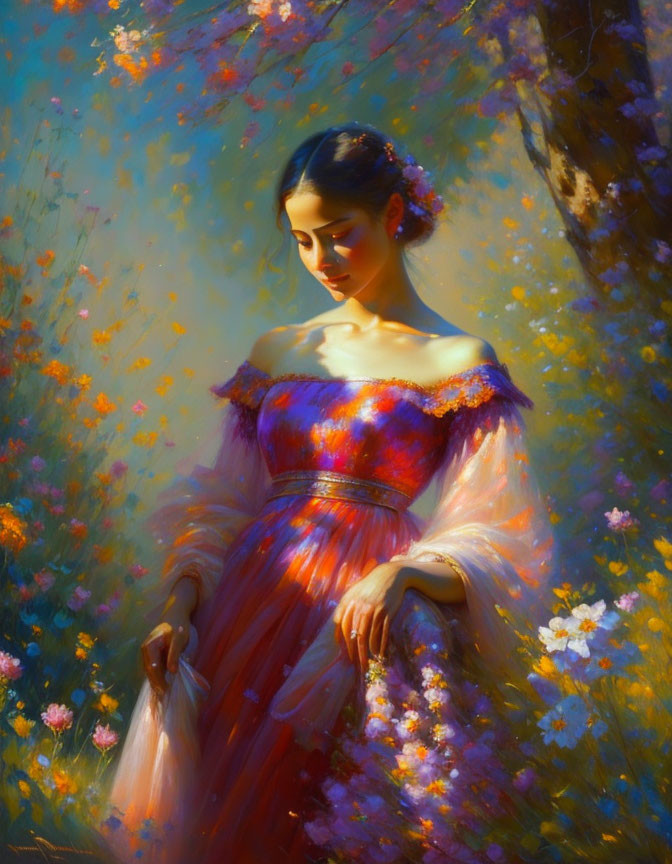 Serene woman in colorful off-the-shoulder dress among blooming flowers