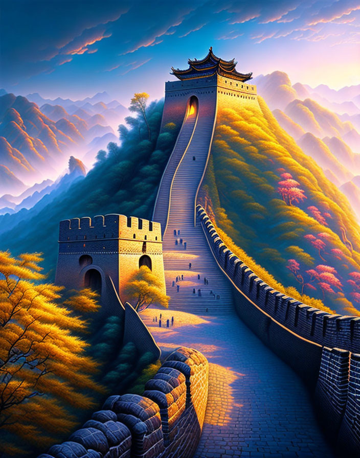 Colorful illustration: Great Wall of China with staircase, hills, and dramatic sky