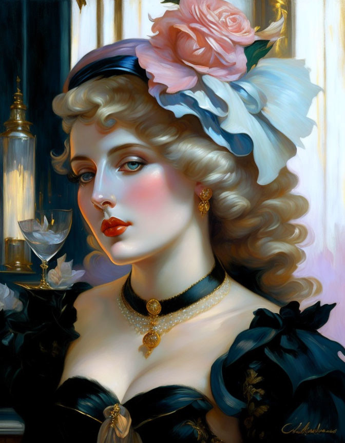 Blonde woman in black dress with blue bows and pearl necklace wearing pink rose hat