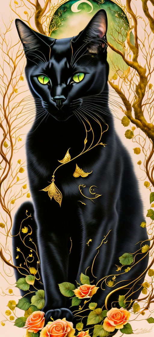 Black Cat with Green Eyes and Gold Jewelry in Golden Floral Setting