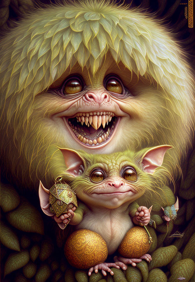 Fantasy creatures with pods: smiling yellow creature and smaller one with green eyes and golden eggs.