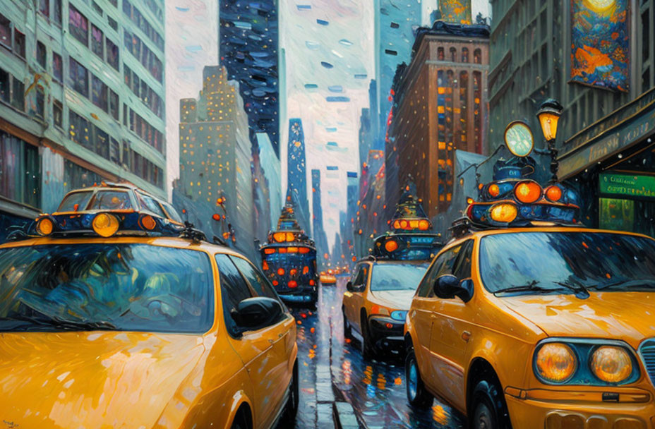 City street with yellow taxis, rainy day, tall buildings, vibrant lights