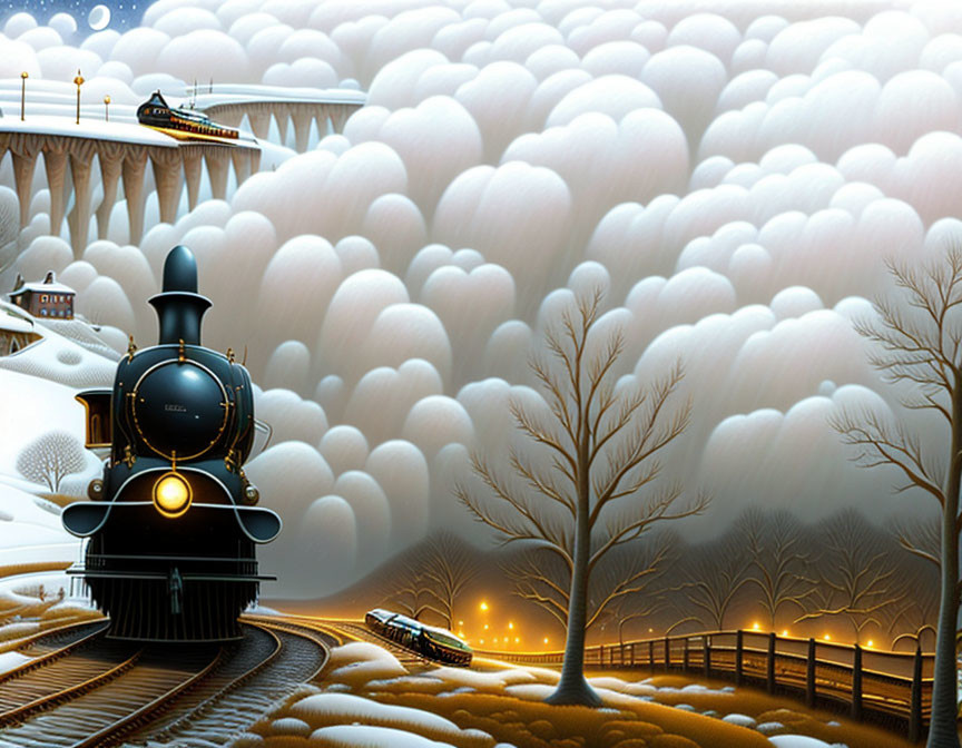 Vintage black train illustration in snowy landscape with stylized clouds.