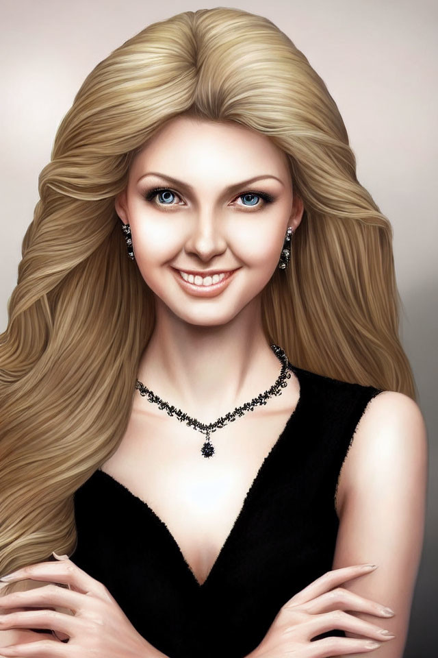 Blonde Woman in Black Top with Blue Eyes and Jewelry