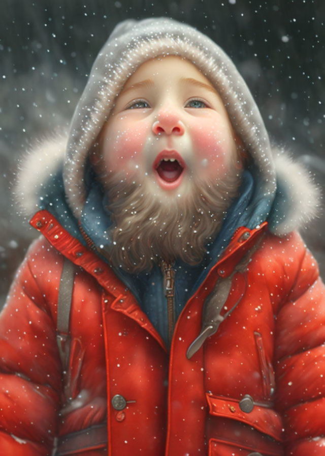 Child in Red Jacket Admiring Falling Snowflakes