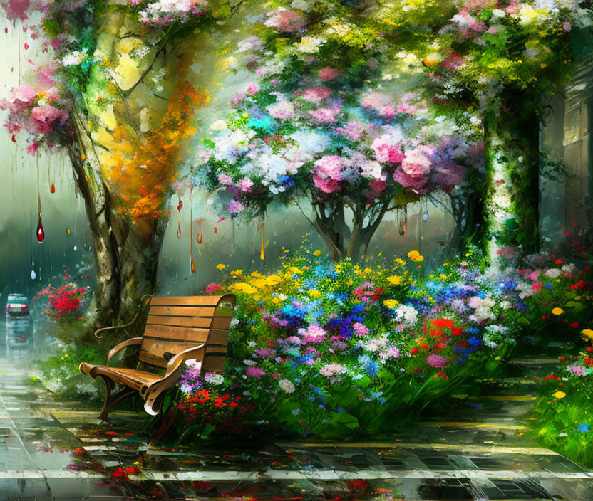 Colorful Park Scene with Wooden Bench and Blooming Flowers